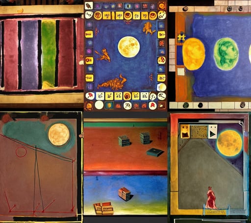 a board game about stories, St..., art by Michelangelo Buonarroti, ethereal lights fade from every room, moon, art by Mark Rothko, art by Domenikos Theotokopoulos