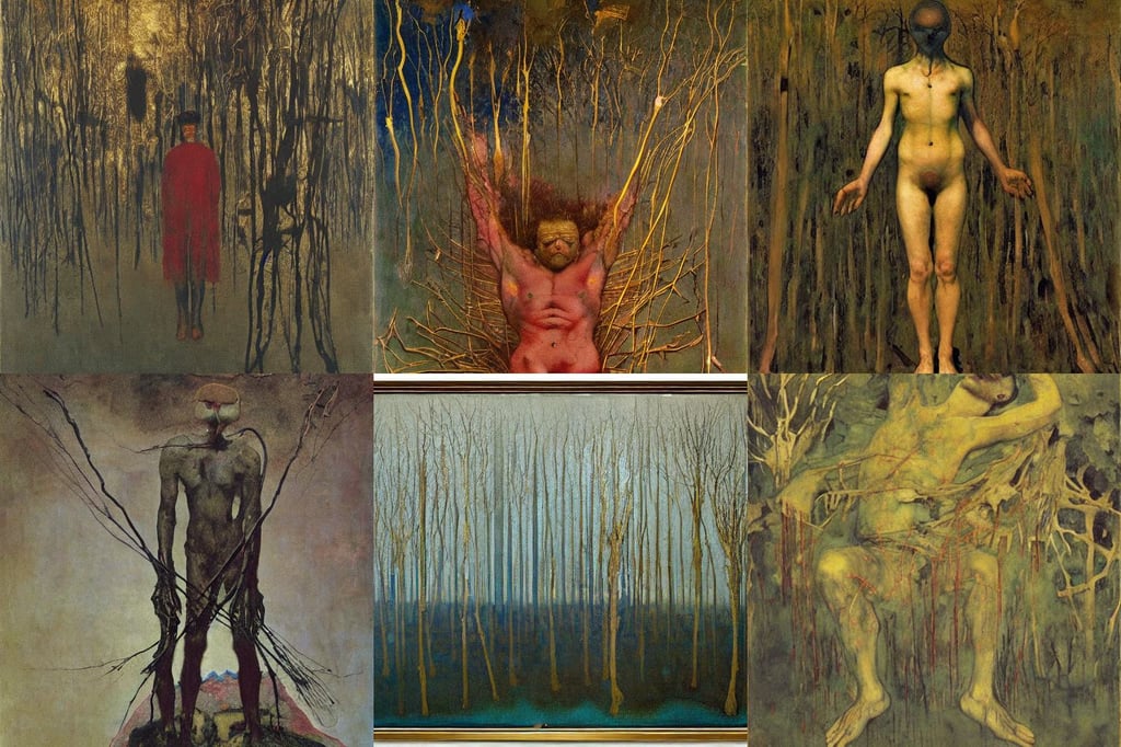 Setting is an empty midnight forest clearing, by beksinski, art by Michelangelo Buonarroti, art by Jackson Pollock, art by Kazimir Malevich, art by Gustave Courbet, hyper-realistic, gold necklace--iw 1.1, art by Mark Rothko, art by Francisco De Goya, full body portrait, he has two scalpels made of laser-light in his hands