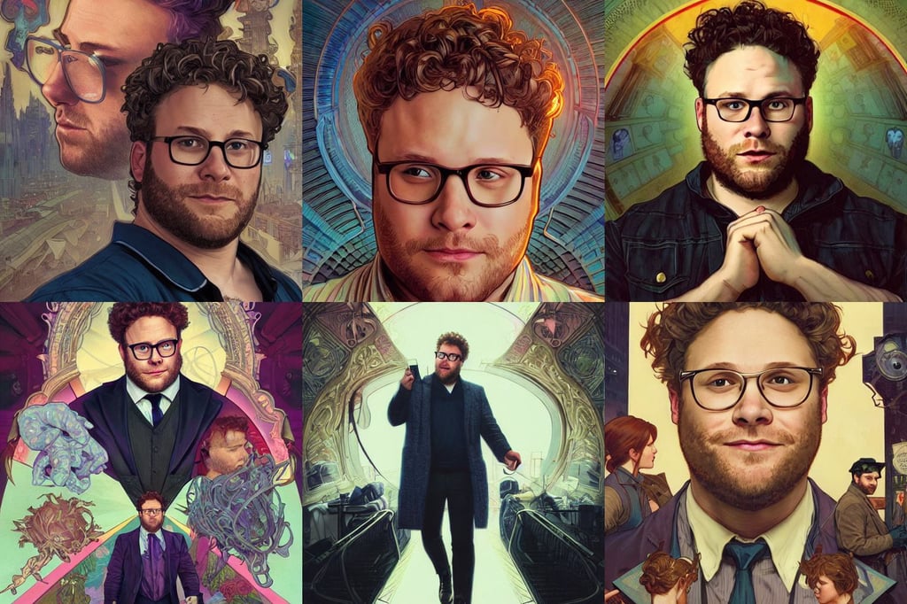 portrait of Seth Rogen as a detective, cinematic by artgerm and greg rutkowski and alphonse mucha, miles johnston, amusement park, vibrant luminescence, hideo minaba, blond hair with pigtails, art by h r giger and greg rutkowski, wlop. 4 k, entire person visible!