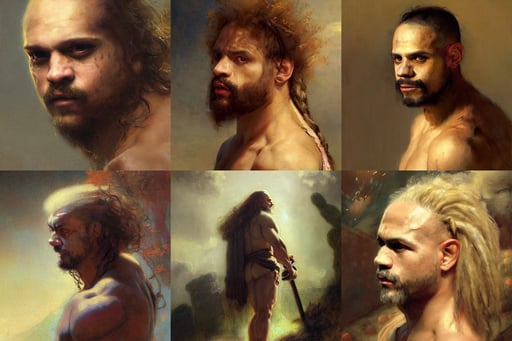 portrait art of Tyler1 with long flowing hair, Rembrandt, primitivism, palatial scene, illustrated by Gaston Bussiere and Greg Rutkowski, anime realism, leeloo outfit