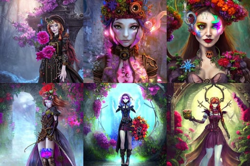 gate to hell, colourful flowers, with realistic beautiful face & eyes. A sorceress, billelis, wearing a steampunk themed costume, art by artgerm and michael welan, Sakimimichan, professional painting, Frozen Klaus film, cryengine unreal engine, arms spread wide