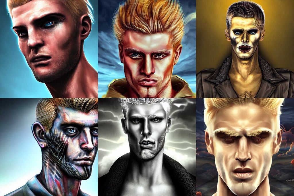 a close up realistic portrait of a blonde man with a chiseled jawline, furry digital painting, gods, futuristic emperor secret society, nuclear explosion background, zombies wearing clothes from the 8 0's, rio de janiero