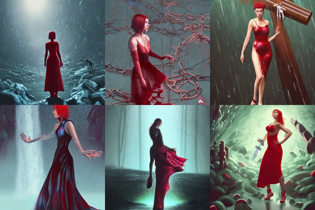 scarlet johansson, geeen skin, crucifixion Surreal, simon stalenhag style, featured in artstation, jinsung lim, generative, laid back, in the style of kingdom hearts, walking through a waterfall in a wet silk black and red dress with sparkling gem stones, made of liquid metal and marble, photorealistim, wearing a cute white dress