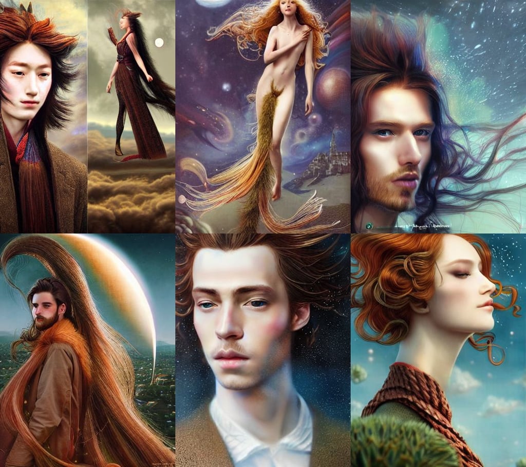 a beautiful cute german guy with very long chestnut! hair, planet in the sky, f 1. 2, commercial fashion design art by Chie Yoshii, particle effects, by huang guangjian, amazing artwork, a detailed matte painting by eddie mendoza