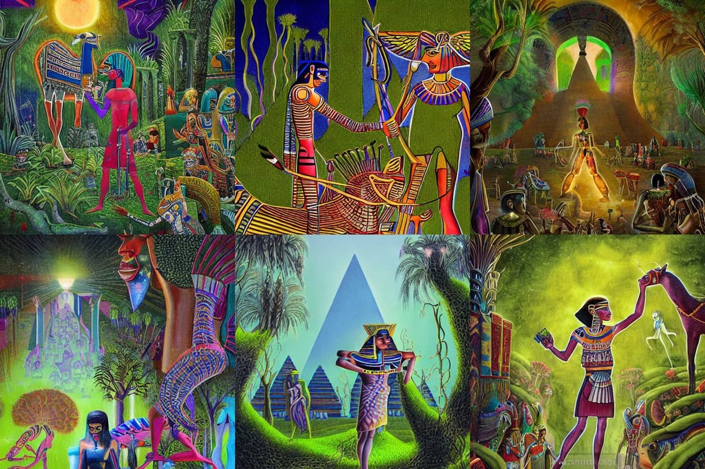 a detailed painting of the Egyptian book of the dead, kai carpenter, the city is overgrown with moss and plants and trees and there are tiny aliens flying around, hyperdetalied, a horse is eating grass in front of the stage, glowing fluorescent velvet neon blacklight hues and saturation, Tony Sart, a very tall and slender young man, facing the camera, post apocalyptic city overgrown with lush vegetation, gtav poster, highly detailed ink illustration, dan mcpharlin, shy, hindu piercings, stunning intricate concept art by senior environment artist, wielding divine bloody sword, refined