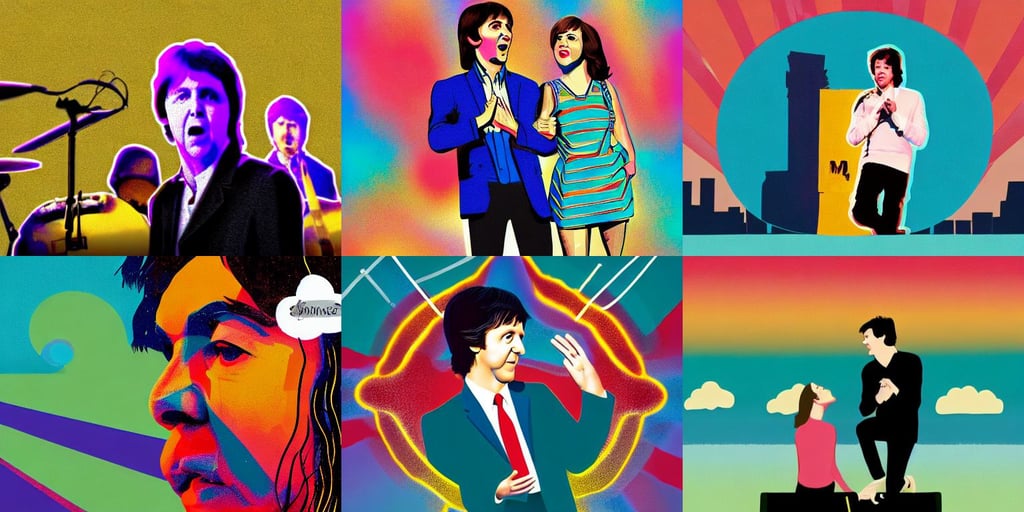 Steven Moriseey performs with Paul McCartney, which is kneeling in front of her, by James clyne and Andrée Wallin, cumulonimbus clouds in the sky, good looking, knee, hard focus, bokeh. iridescent accents. vibrant. teal gold and red color scheme, cute digital cartoon painting art