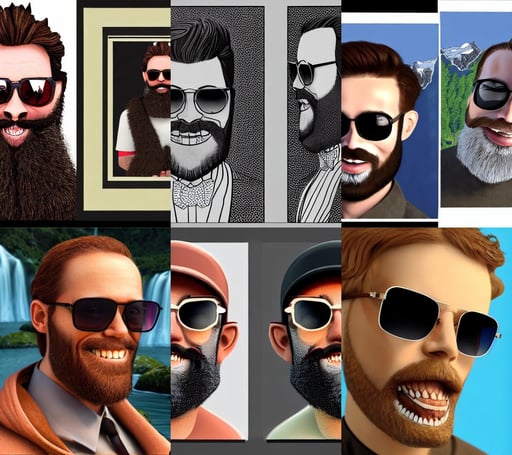 handsome man smiling with a beard wearing sunglasses, portrait by james gurney and laurie greasley, 3d renderings of two Skeletons fighting in front of a waterfall, accents