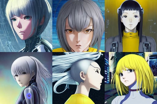 portrait grey hair anime visual futuristic female cyber police, horizontal symmetry!!, greg olsen, of a schoolgirl posing, depth of field. by Katsuhiro Otomo, in a yellow dress, from the anime series ghost in the shell, Omnious intricate, spaceships, detailed photo realistic gorgeous face turning waves