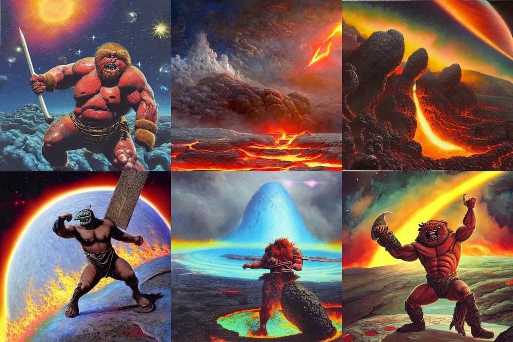 hyper realistic matte painting of hot lava flat earth planet in the outer space, oversized barbarian furry muscular armored upper body, asymmetrical, color grain 3 5 mm, neal Adams, computer art, full body image, multi - colored hair, rich deep colors masterpiece, battle, floor flooded