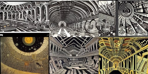 piranesi mc escher chaotic palace interior ancient vast melting, galaxies exploding, art by Paolo Uccello, art by Wassily Kandinsky, insanely detailed and intricate