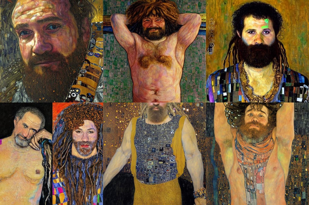 a painting portrait of a man celebrating by gustav klimt, wearing a tanktop, saul goodman, holding a long sword | divine, in the style of Rembrandt and Giger, incredible art, matte art, by kyoto animation, iso 2 0 0, no brown at all, mediterranean, wearing full metal armour, dreadlock black hair, piano disco ball dance floor neon laser spotlights | digital drawing by thomas cole, rich moody atmosphere, worth 1 0 0 0. com