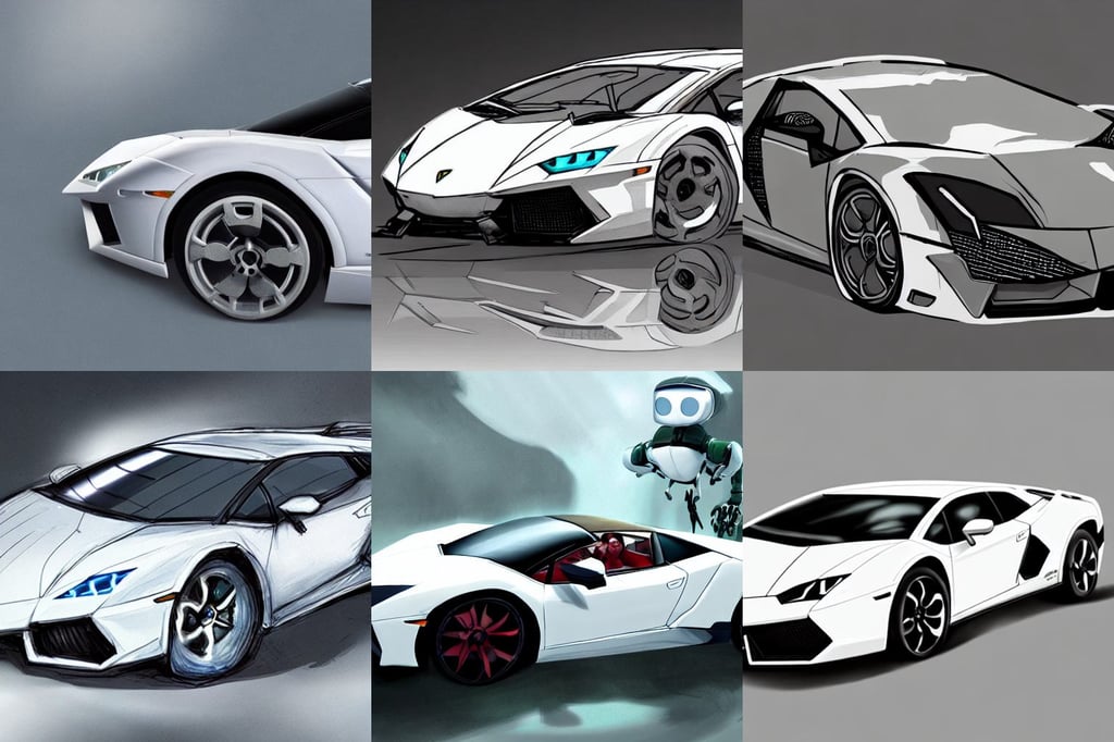 concept art of white rollcage lamborghini, chilling on a leaf, Huke, morning, acrion, style by pixar, cyborg woman in lingerie kissing a robot on a bed