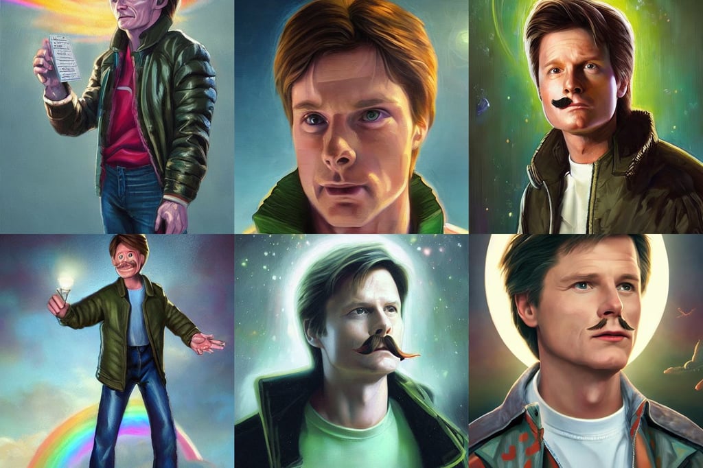 Marty McFly with a mustache, 4k oil on linen by wlop, great attention to proper perfect anatomy, trending on artstation - cinematic lighting, trending on artstationhq, ultra - detailed waves, steam punk dragon, in the style of cinematic, short green black fade hair, from Treasure Planet, rainbow aura quartz, the coronation of napoleon painting, art by Takato Yamamoto and James Jean, Bokeh, disco elysium