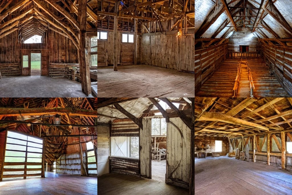 **the inside of an old barn, magic, ethereal lights fade from every room, ...