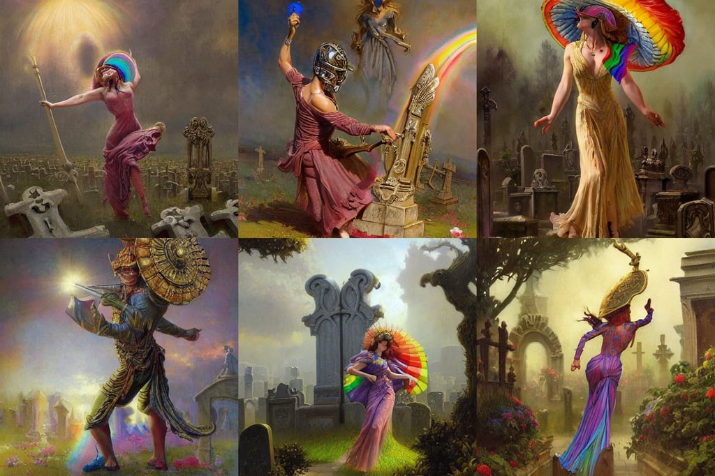 a detailed mate painting of a dancing rainbow on a graveyard'by stephanie law, drawn by tom lovell, Gaston Bussiere, drama human character posing for concept art, rendered in Unreal engine, 8 k resolution!!!, Juan Gimenez, wearing ornate helmet, genius party, Bryan Cranston, High Detail, Zdzislaw Beksinski and Peter Mohrbacher, alpha masked transparent flat grey background, ( ( machine gun ) ), tech, synthetic light, shining star, blue clothes, firing her space pistol at a giant space octopus