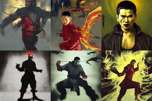 Wong Kar Wai movie, Mortal Kombat character, art by Diego Velázquez, art by Francis Bacon, art by Francis Bacon, spreading wings, suburban street, art by Paolo Uccello, hyper-realistic, art by Edvard Munch, backlit, bold and thin ink lines 8k, dramatic atmospheric lighting, art by Joseph-mallord William Turner, art by Claude Monet, 8K, platonic solids, art by Claude Monet