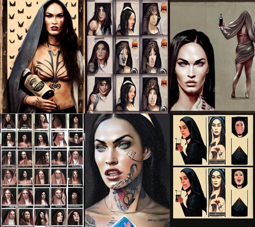 portrait of megan fox as a nun with face tattoos, spider thorax, tears running down, enthusiastic crowd, with a bottle of whisky in hand. By Greg Rutkowski, full page grid sprite sheet, washed colors, long neck