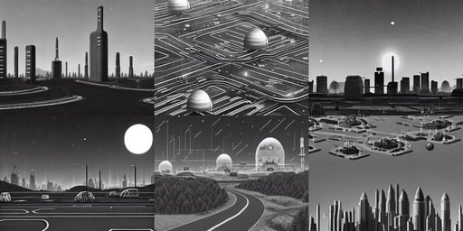 A planetary city by Simon Stålenhag and Ansel Adams, black and white photo