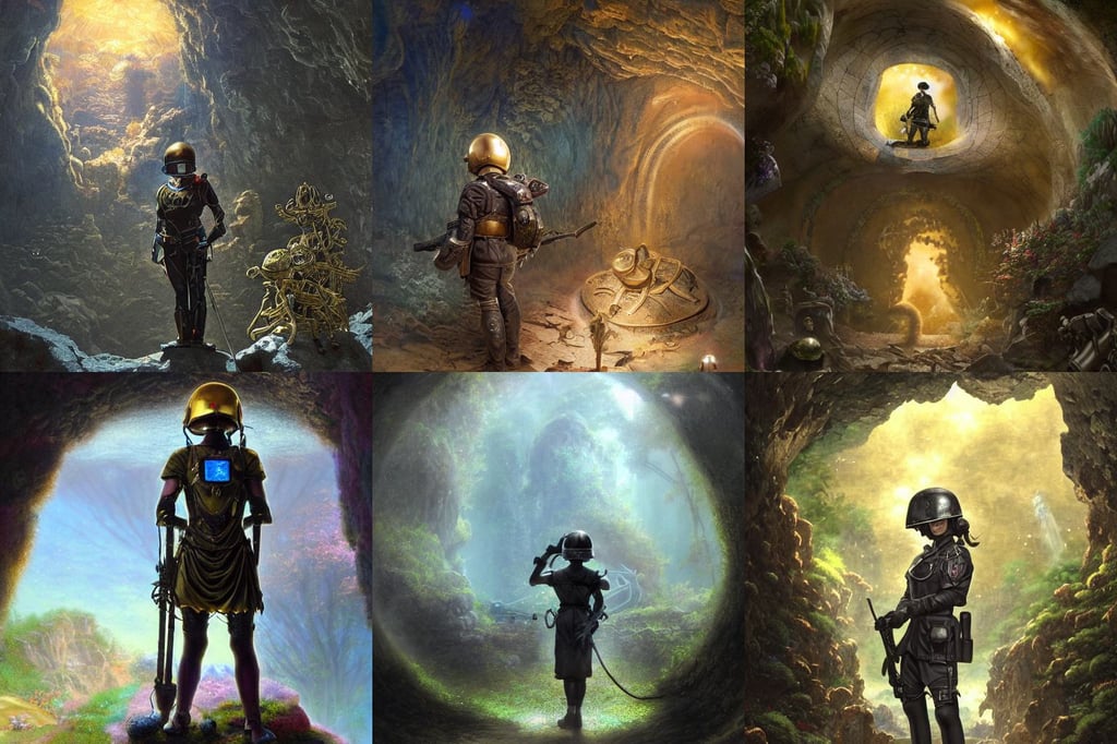 a guy with a helmet explores a cave with an art gallery, meditating in a magical fantasy garden at night, exquisite detail, joanna gaines, no hesitation, anime key visual portrait of young female maid military dictator black uniform, wayne barlowe 8 k, of alien artifacts, glowing silver and golden elements, at late evening by greg rutkowski and thomas kinkade, posing together in leotards. volumetric light. by amagaitaro