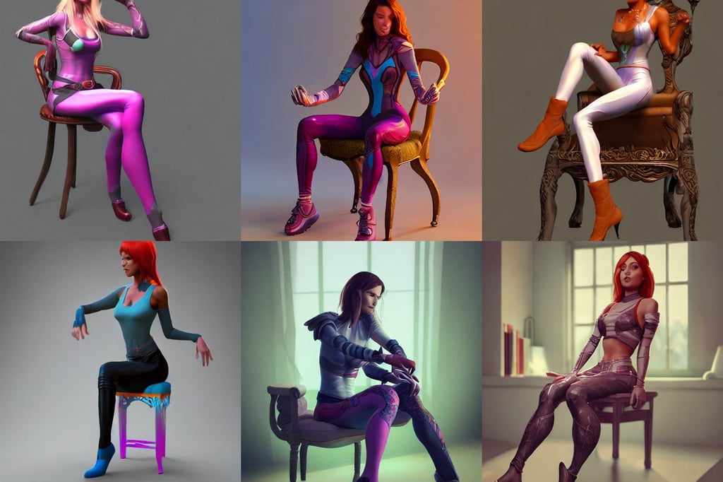 beautiful girl sitting in a chair wearing leggings. highly detailed, dungeons and dragons on artstation, sparking beeple, jorge jimenez, blender cycles