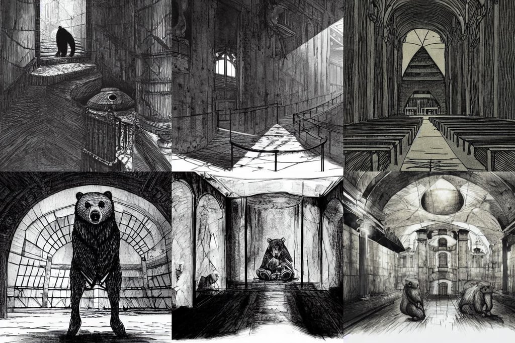 dark scene of a bear, fujimoto, interior architecture concept, inside the roman colliseum, black gold ink dripping, eyes closed, inspired by nier