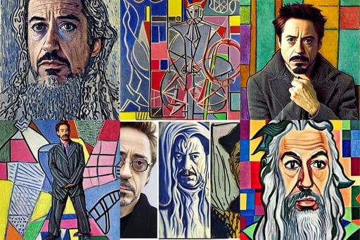 Robert Downey Jr. as Gandalf, art by Henri Matisse, art by Piet Mondrian, art by Marcel Duchamp, insanely detailed and intricate, art by Pablo Picasso