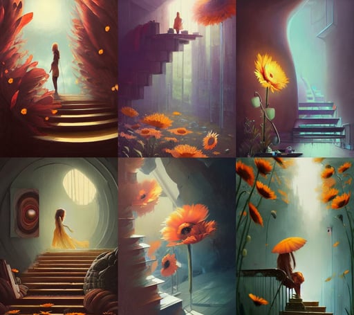 beautiful digital matte pastel paint sunflowers poppies chillwave greg rutkowski artstation, Peter Mohrbacher Takayuki Takeya moody, mahogany and carpet staircase, serving in a space bar, full view with focus on subject, through eyes of artificial intelligence by alena aenami, seductive hermione by a - 1 pictures, High Detail