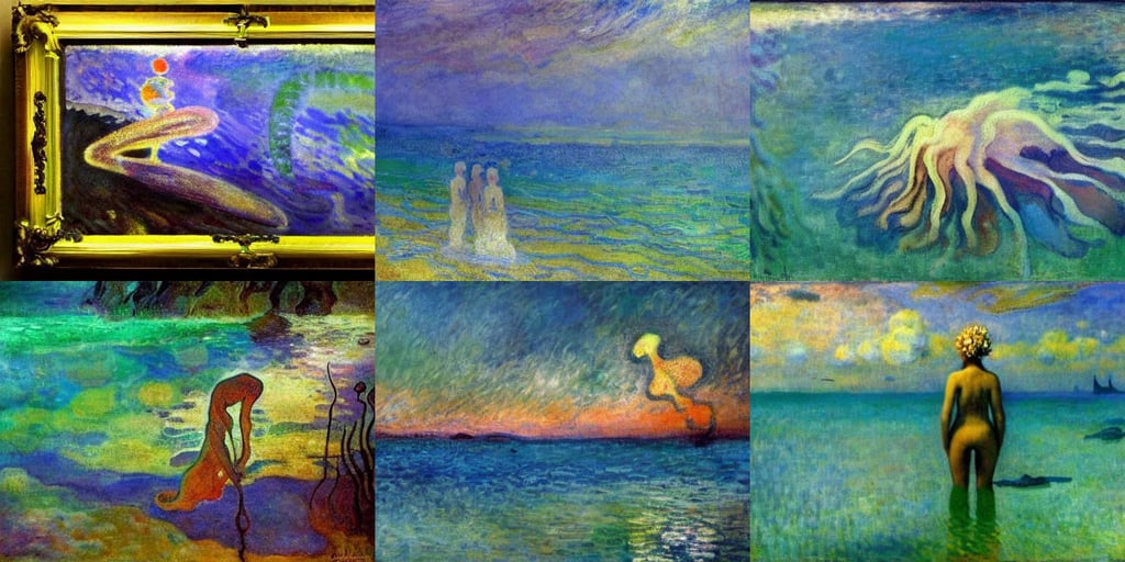 translucent sea creature on the shore, by Weta Digital, art by Wassily Kandinsky - Photo, art by Claude Monet, whimsical, epic, dramatic lighting, makoto shinkai, art by Paul Gauguin, green eyes