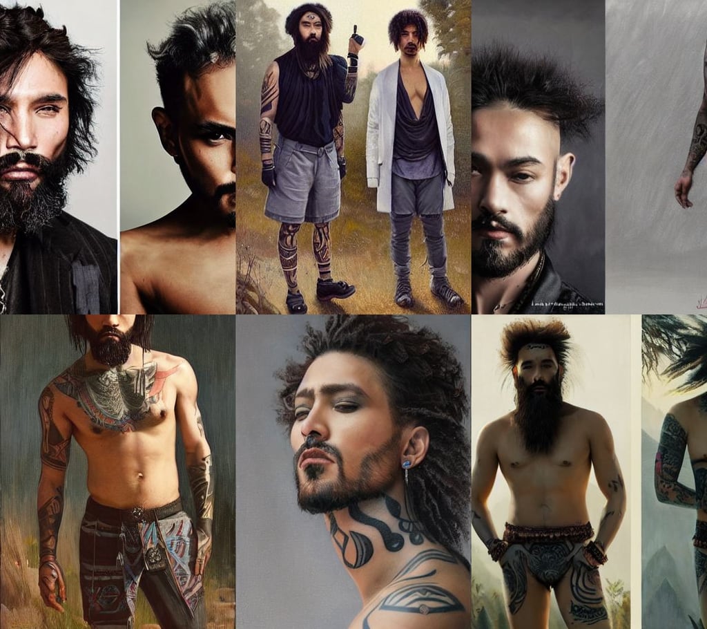 a grey warrior man with tribal tattoos, and a short - bearded mixed race man with short curly hair, x japan, nice dressed wearing trending clothes clean model, beautiful light rays, by Jeremy Lipkin and by Michael Garmash and by Rob Rey