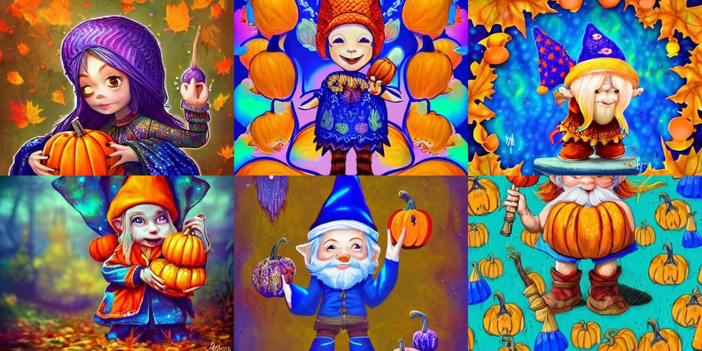 hand drawn cute one gnomes face in autumn disguise holding pumpkin, fishnets wet t shirt, psychedelic fractal background, iridescent wu, determined expression, intricate dressed in ornate blue robes and staff, rossdraws 1. 0, wide smile, intricate female rutkowski from mf / male by library punk, face focused