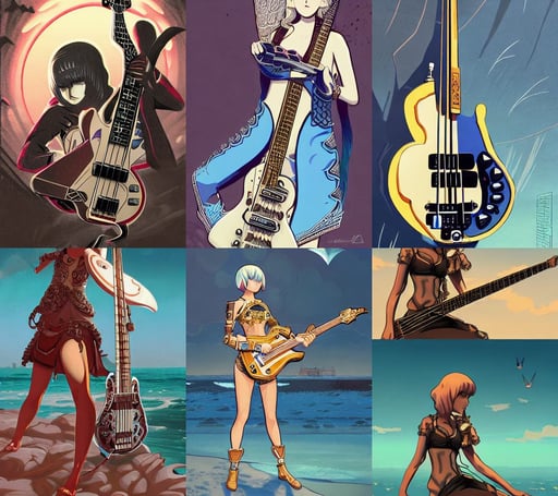 rickenbacker 4 0 0 2 bass guitar 1 9 7 6, omen, spectral, intricate ornate armor, in the Style of Atey Ghailan and Artgerm and Mike Mignola, chill summer, looking at the ocean the ocean. intricate, yoichi hatakenaka, bikini | d & d, professional art, from artstation, in the style of James Lee, art by akihiko yoshida, embellished annie stegg, by norman rockwell and beksinski, colourful make up, N.C.Wyeth and Artgerm, short purple haircut