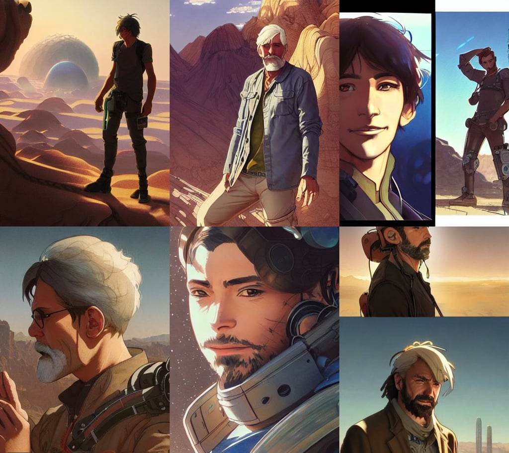 a scruffy middle aged engineer man with cybernetic enhancements lost in the desert, perfectly-centered-Portrait of the most beautiful people on the planet, style of makoto shinkai genshin impact, dark towers, life, illustration art by artgerm and greg rutkowski and alphonse mucha