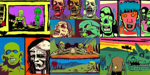 Zombie Pirate eats Frankenstein, art by Andy Warhol, peaceful and softly landscape who has Namek’s villages with a female character flying trough the sky, beautiful aesthetic, Dan Mumford and Studio Ghibli, hyper detail, cinematic, art by Mark Rothko, art by Pablo Picasso, art by Tommaso Masaccio