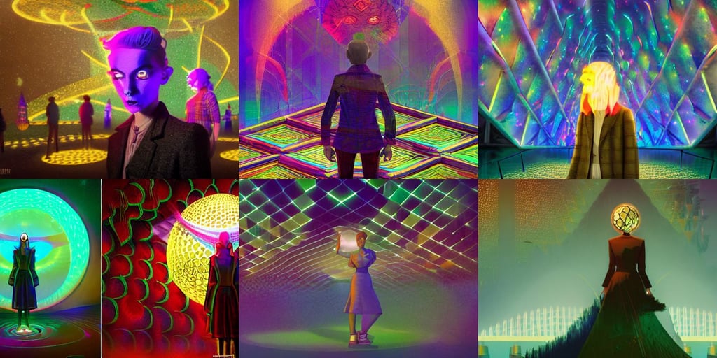 glitched background, mf marling fantasy epcot, projection mapping, vibrant luminescence, James Jean Marc Simonetti, demonic symbols, tweed clothes, hazy morning foggy, illustrative character design, gold eyes