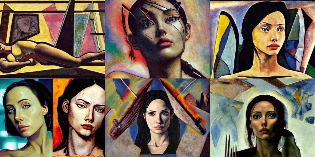 alita tomb raider angelina Jolie, surreal, Filip Hodas, art by Pablo Picasso, art by Tommaso Masaccio, art by Paolo Uccello, detailed, wing-tip to wing-tip, art by Wassily Kandinsky - Photo, rougish, art by Piet Mondrian, art by Leonardo Da Vinci