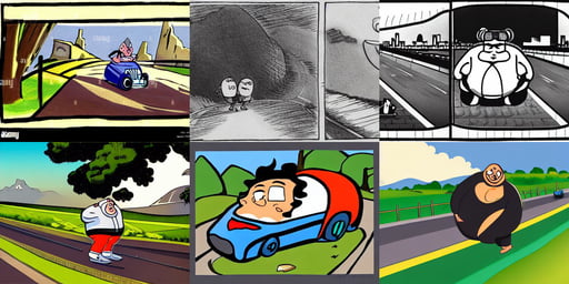 a study of cell shaded cartoon of an obese ninjafloating above a country road, studio light directed gaze finely detailed perfect face, with flying cars in the foreground