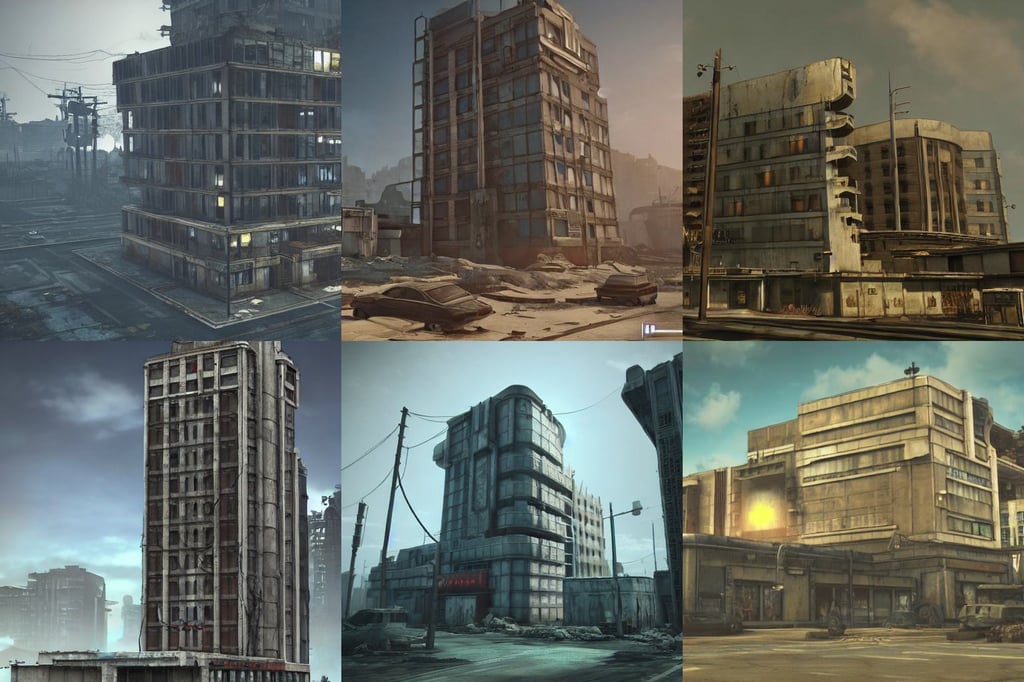 fallout concept art neodeco singular building render grim realistic lighting unreal engine 5