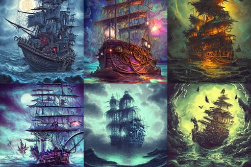 a beautiful digital illustration painting of a detailed haunted pirate ship by benoit b. mandelbrot, modern city, toned, artgerm and bowater, black light