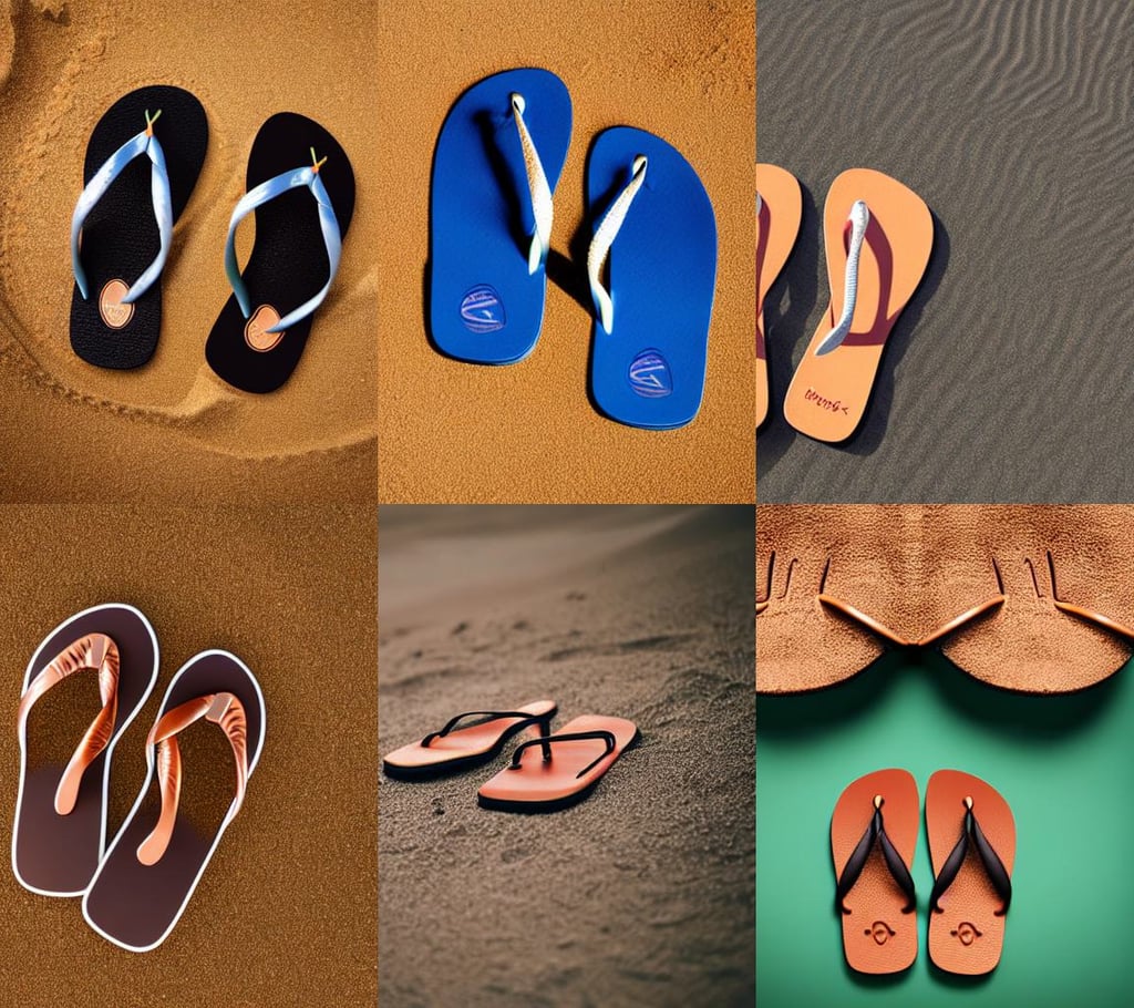 a concept art of a pair of flip flops in the sand, copper short hair, istock