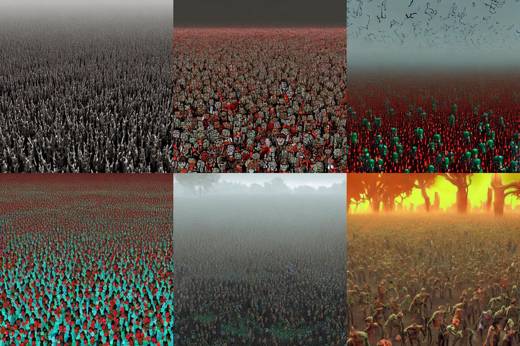 a field of thousands of zombies, digital art, 8k, UHD, trending on artstation