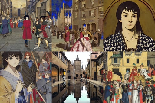 medieval england town square, symmetrical face, voronoi pattern, ISO6400, photshoot, Animation Concep..., Clear Reflections, and Shinkai Makoto, colorful, art by Francisco De Goya