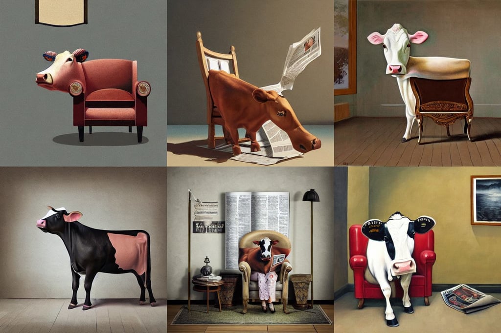 a cow in a luxury chair reading the newspaper, hyperrealistic surrealism