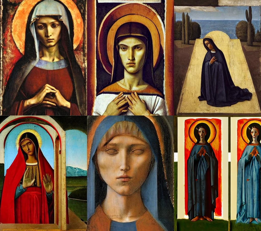 virgin mary icon , art by Tommaso Masaccio, art by Diego Velázquez, art by Paolo Uccello, by the lake, mexico, movie scene, clever, portrait by Greg Rutkowski, art by Mark Rothko, anthropomorphic, illustrative, happy