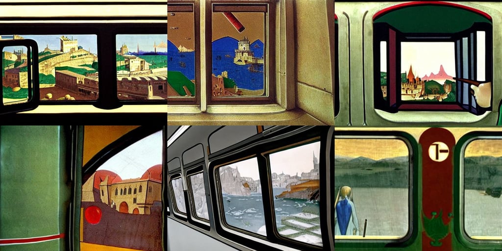 window view of a subway car, ultrawide cliff scene, art by Paolo Uccello, The Terminator, house crest, wearing a maid outfit + Finely detailed, cinematic lighting, art by Paolo Uccello, wet slimy, cute anime girl, art by Leonardo Da Vinci