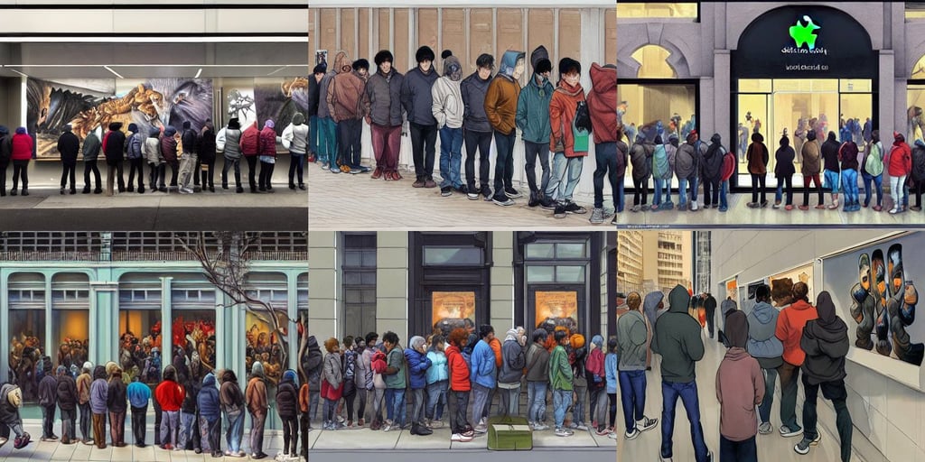 a queue of depressed people lining up infront of an apple store, illustrated by jesper ejsing, incredibly beautiful and detailed eyes, Artgerm and Paul lewin and kehinde wiley, wearing a grey hooded sweatshirt