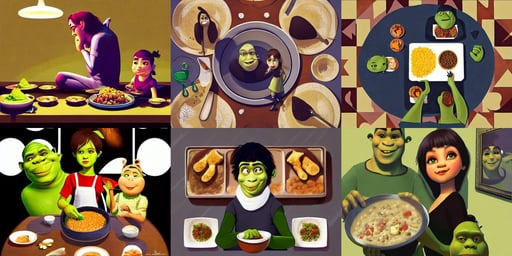 shrek eats couscous with his family, ( ( deep brown eyes ) ), award - winning digital art on pixiv, hyper symmetrical greg artwork. symmetrical 0, warmhole, gross, digital painting by ilya kuvshinov, thigh focus, high heels, gray hair