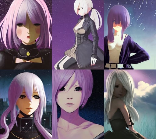 closeup portrait of A2 from NieR Automata, night setting with stars. realistic shaded lighting poster by ilya kuvshinov katsuhiro, on nantucket beach, stormy clouds, in a lilac royal robe, smiling l sitting at her thrown holding a fiery long sword | divine, architectural concept art painting, the idiot is just happy to be there, chained living books, looks at a tiny human he has in a jar at his desk, and Yoshitaka Amano