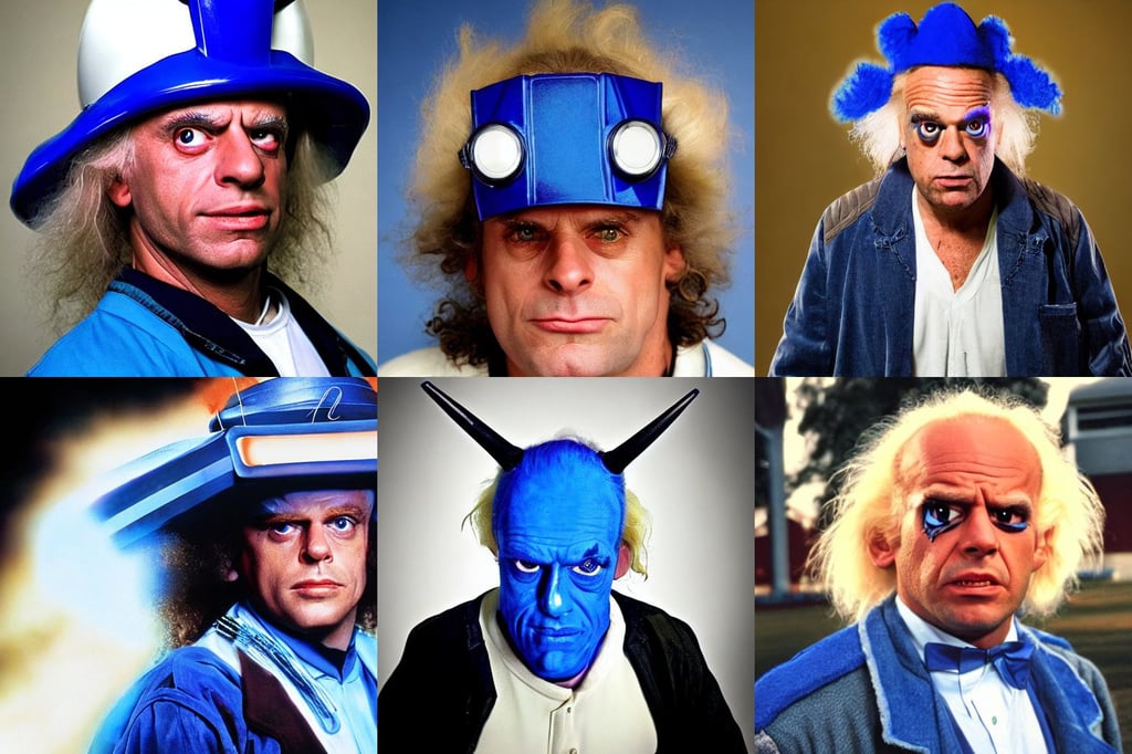 Doc Brown from Back to the Future, brilliant royal blue spell, face closeup, intense eyes, bird, helmet with horns, midnight-blue