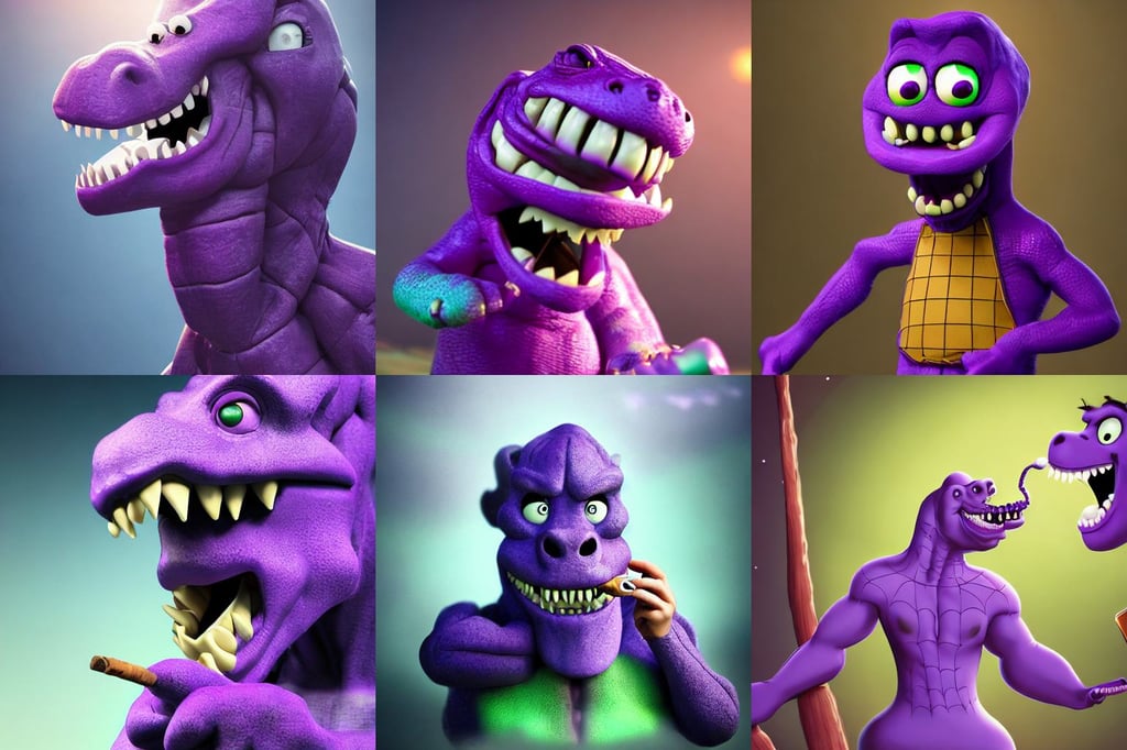 barney the purple dinosaur from kids show drinking whisky and smoking a cigar, insane details, mouth and sharp teeth appearing from the water, slight fog, an exquisite and beautiful rendition, soft lighting 8 k resolution, Pixiv frontpage, light purple mist, inspired by interstellar, spiderwoman!!!!!