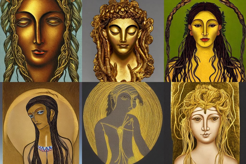 portrait of gaea goddess with thin gold tendrils